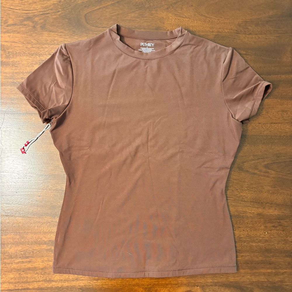 Pumiey Women's Brown Crewneck Short Sleeve Top